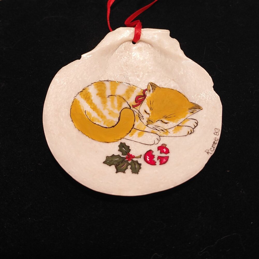 VTG Hand Painted Cat Christmas Shell Ornament Sleepy Tabby Holly Signed 1993 3"